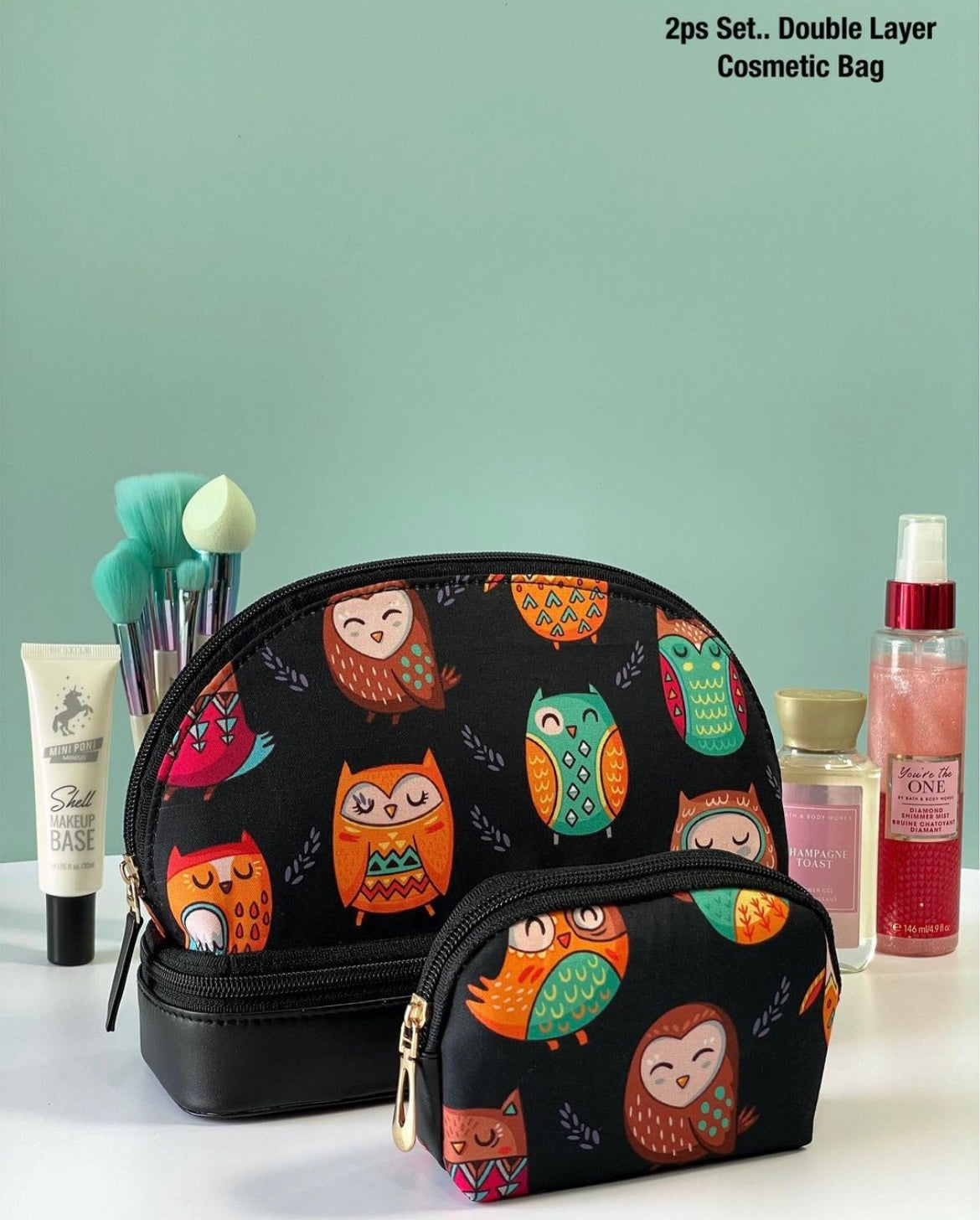 Double layer cosmetic bag with a small pouch